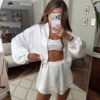 Mod 047-17 Valge satiin komplekt: topp+püksid+jakk "Mod 047"